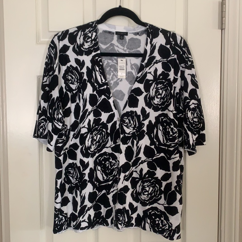Talbots Black/White Rose Print Cardigan Top XL